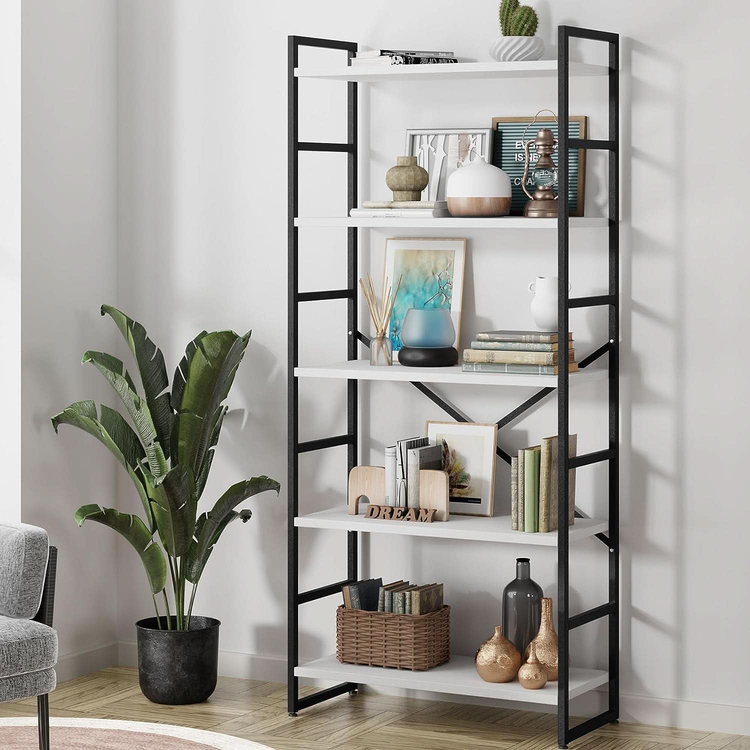 Two Piece Five Tier White Bookshelf Set Industrial Modern Bookcase For Living Room Office