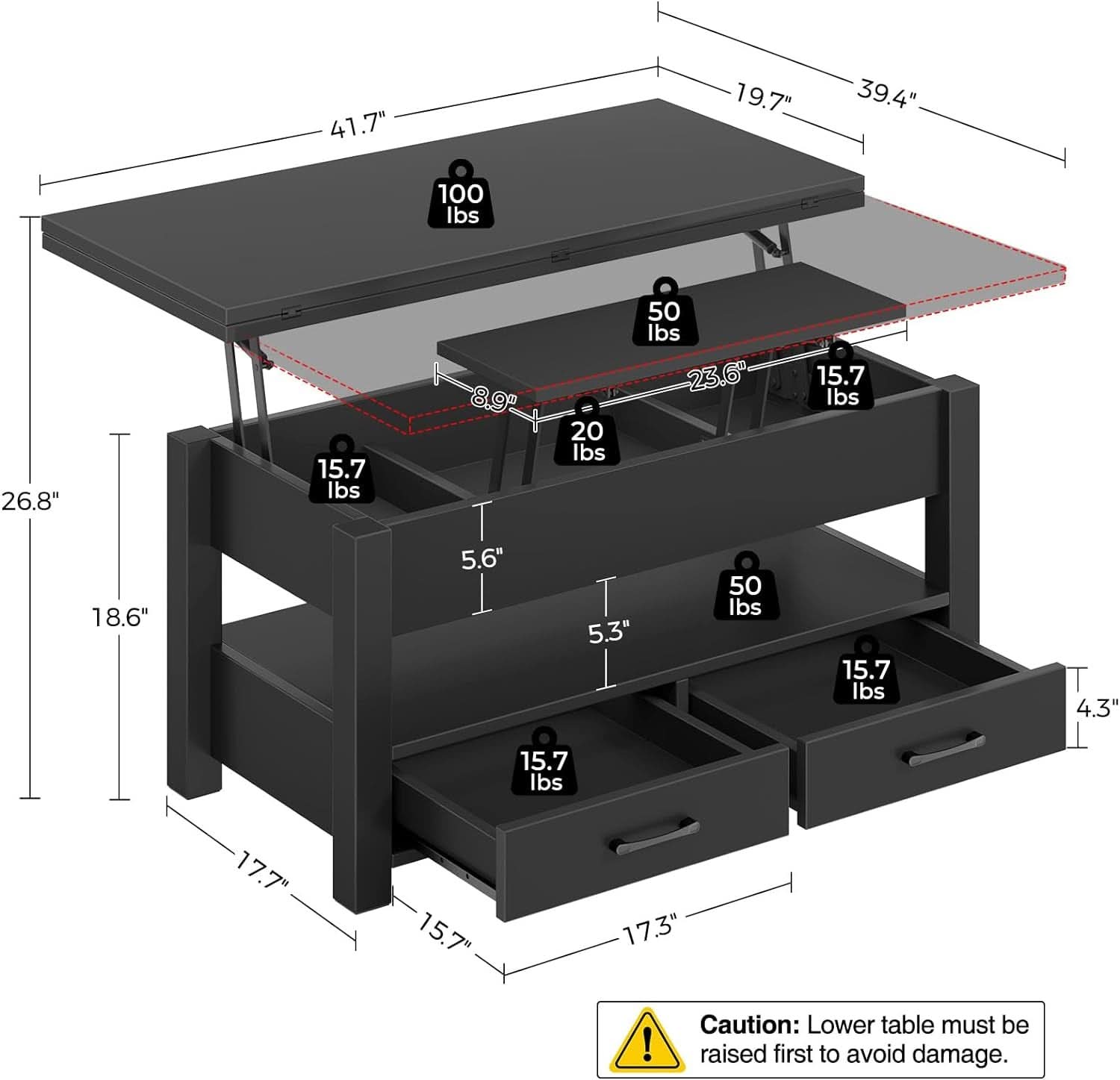 Lift Top Coffee Table With Drawers And Hidden Compartment Black