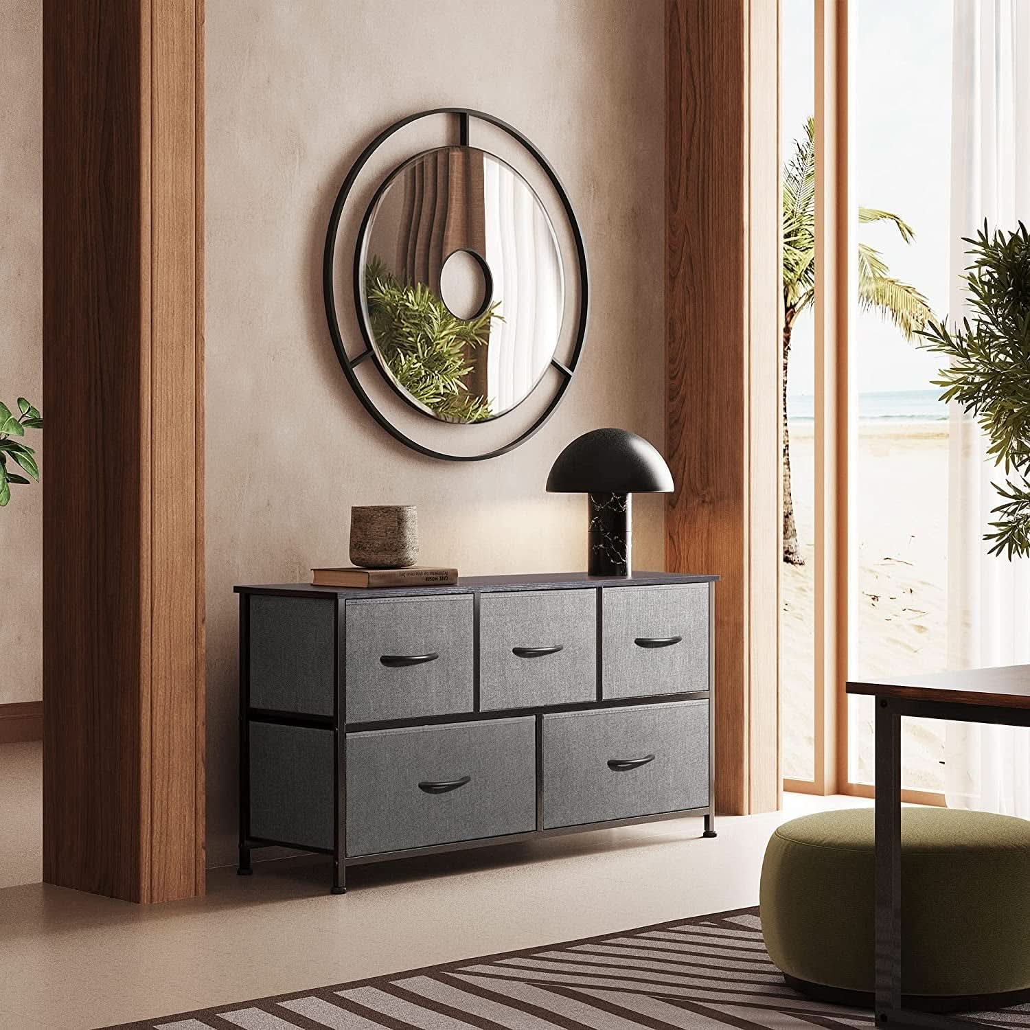 5 Drawer Dark Grey Fabric Chest With Wood Top Bedroom