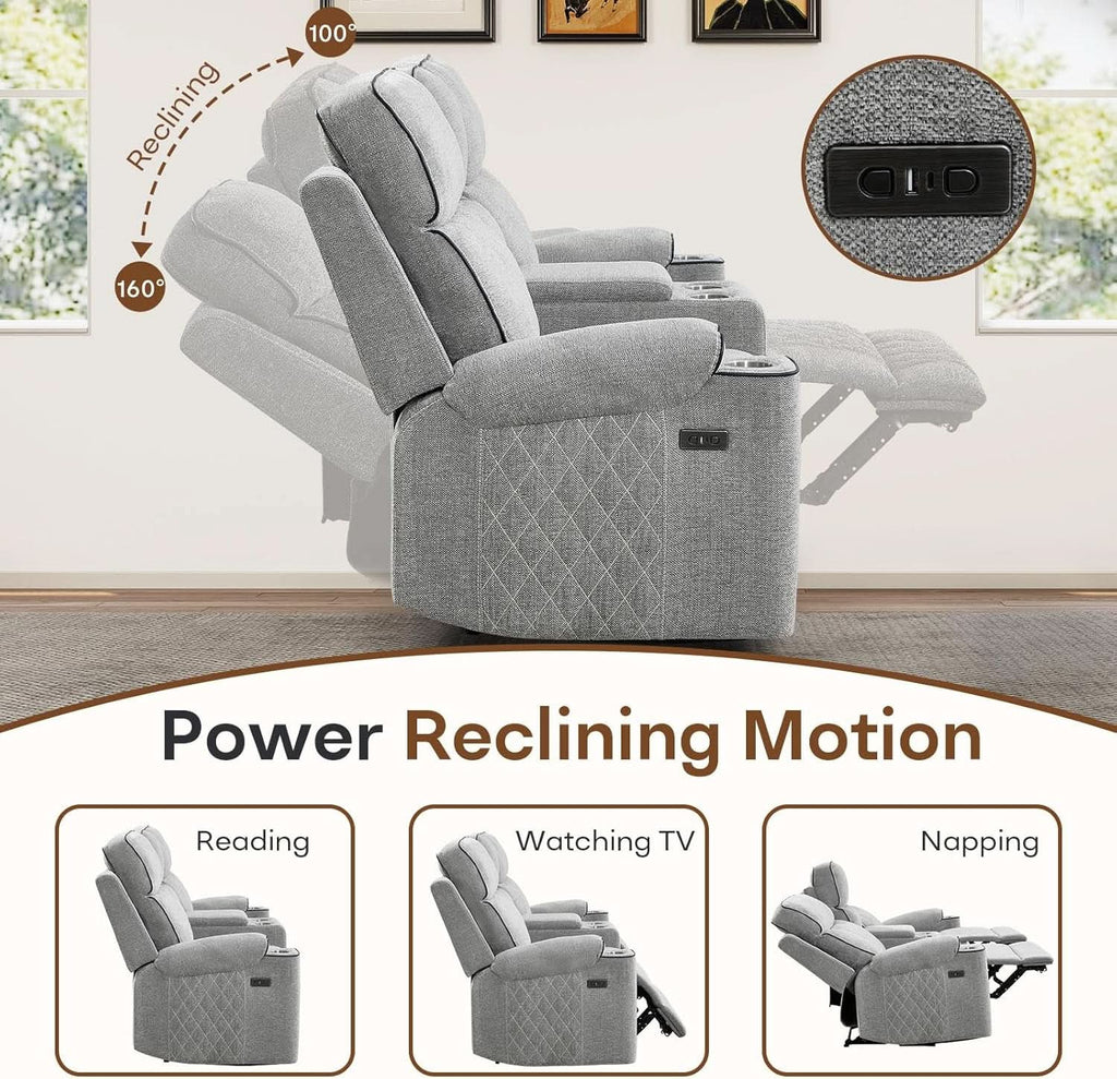 Electric Recliner Sofa USB Type C Ports Light Grey