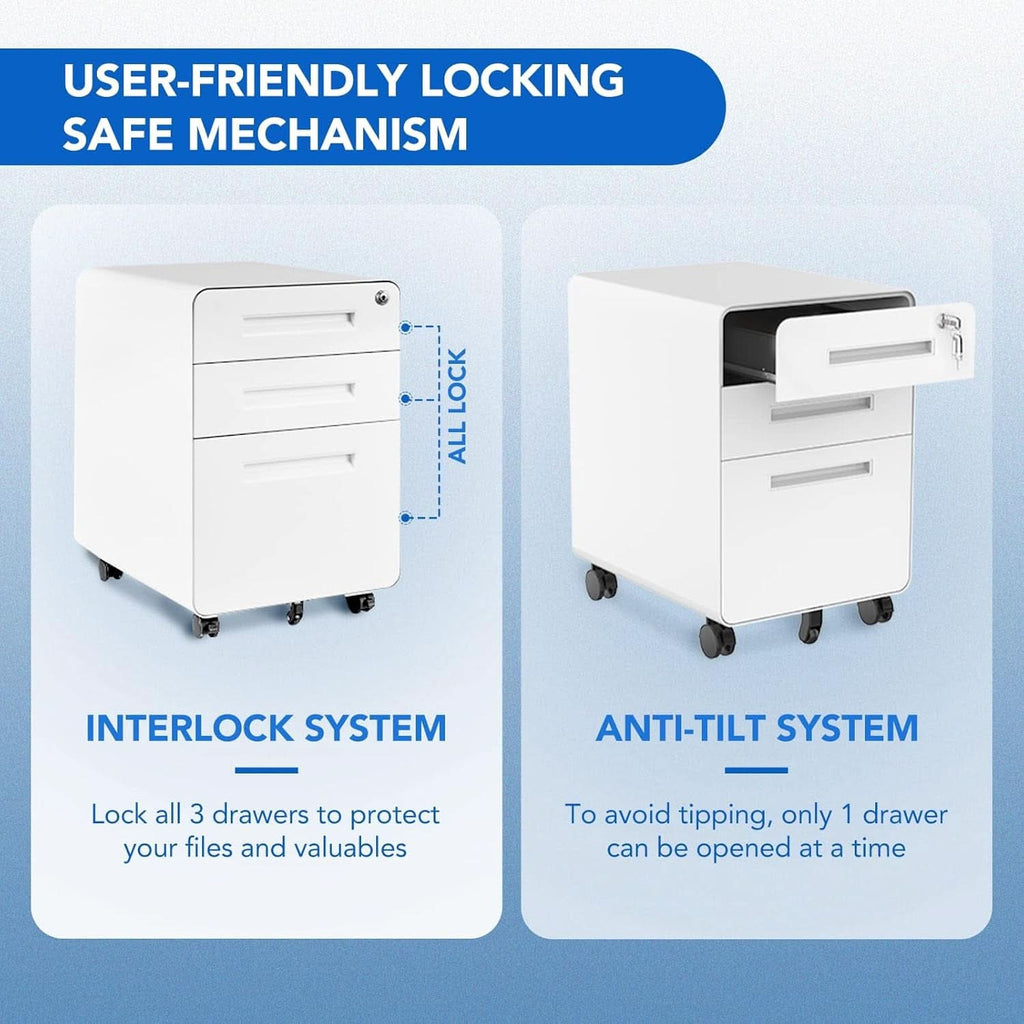 Mobile File Cabinet Home Office 3 Drawer White Under Desk