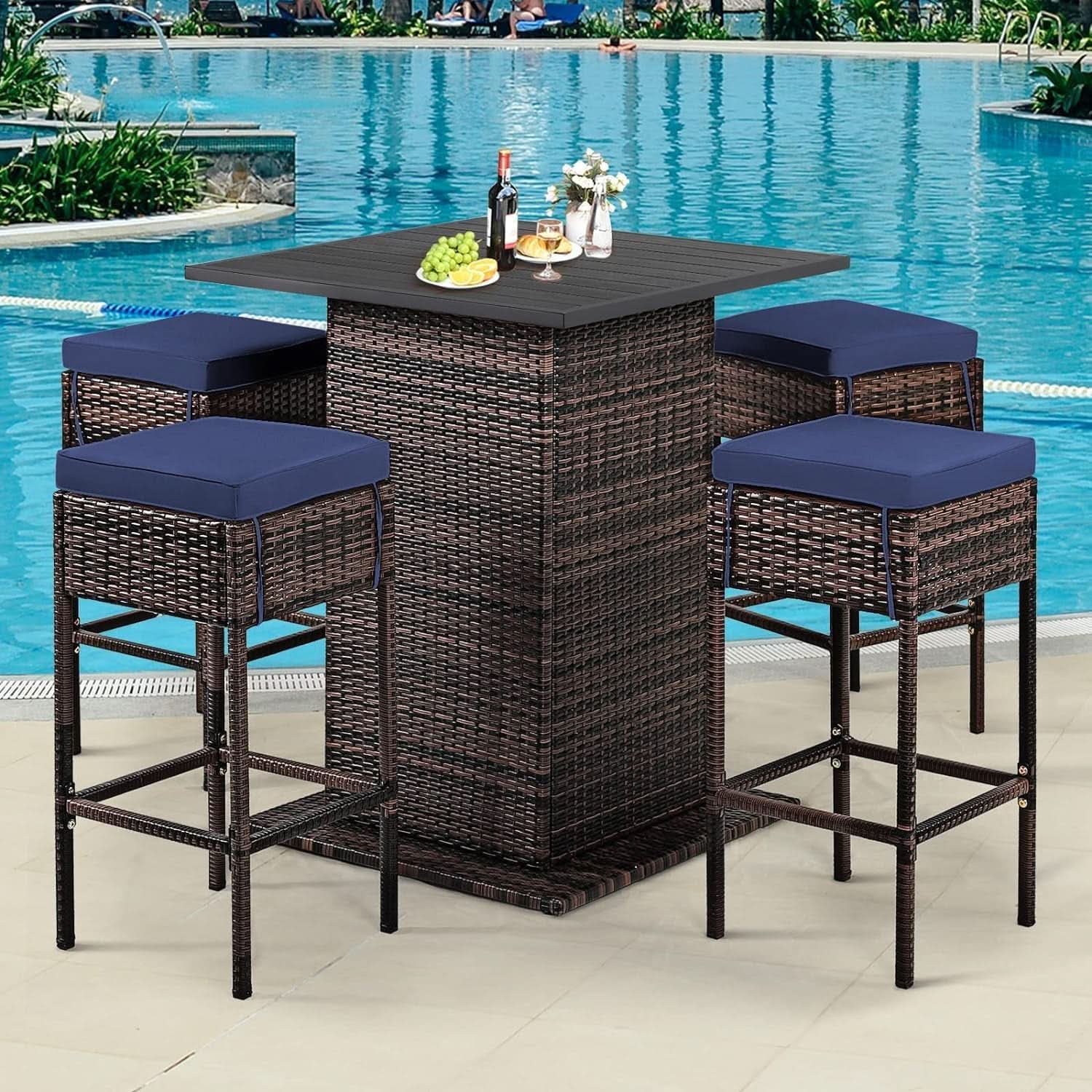 5 Piece Outdoor Bar Set Navy Blue Bar Height Table Storage