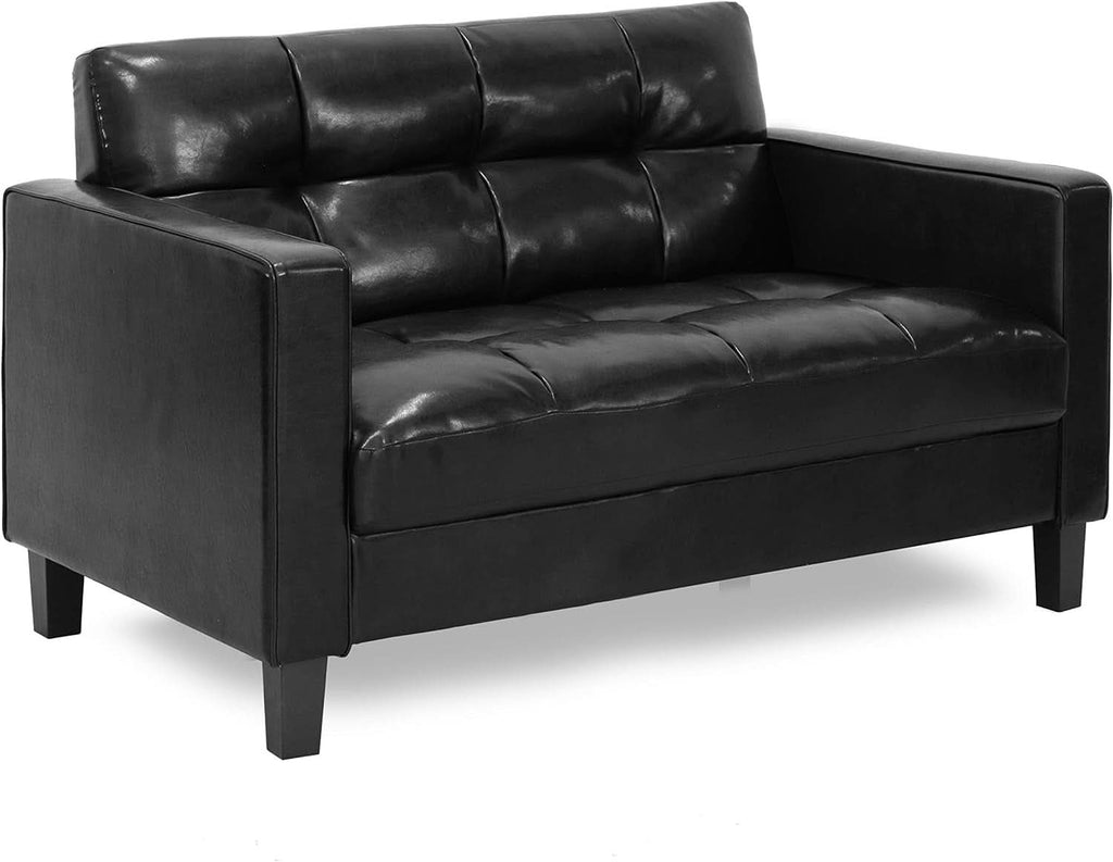 Two Seater Tufted Black Faux Leather Loveseat for Living Room