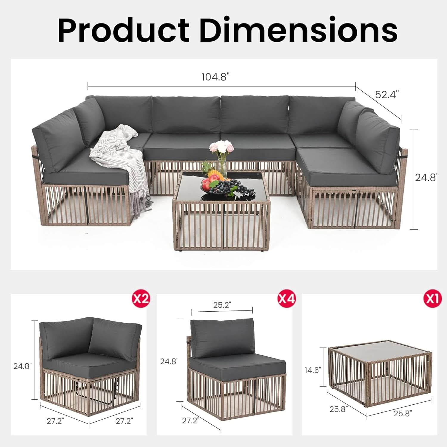 Brown Rattan Outdoor Conversation Set With Gray Cushions