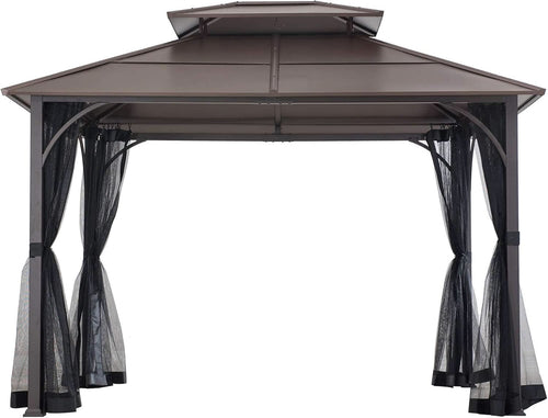 10x12 Brown Hardtop Gazebo With Steel Frame And Netting For Outdoor Patio Garden Canopy Shelter