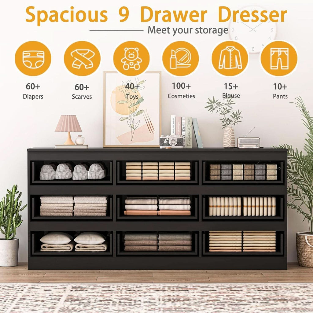 70 Inch Black Dresser With Built In Power Outlets Storage