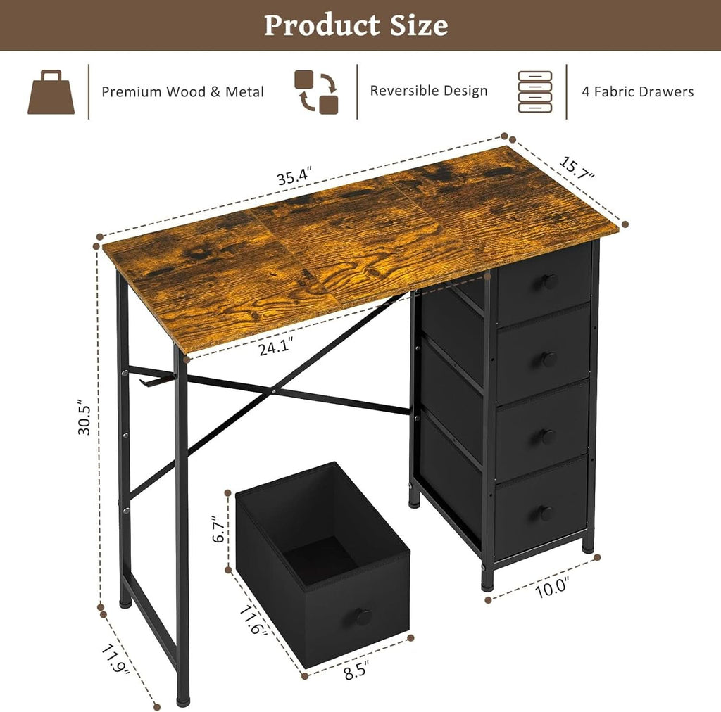 Rustic Brown Home Office Computer Desk With Fabric Drawers