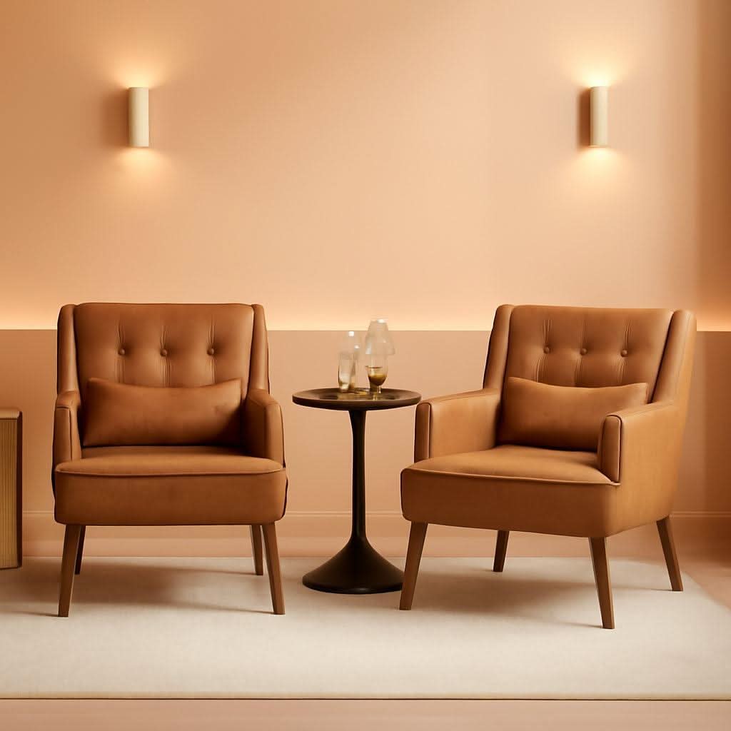 Two Brown Leatherette Mid Century Accent Chairs Set
