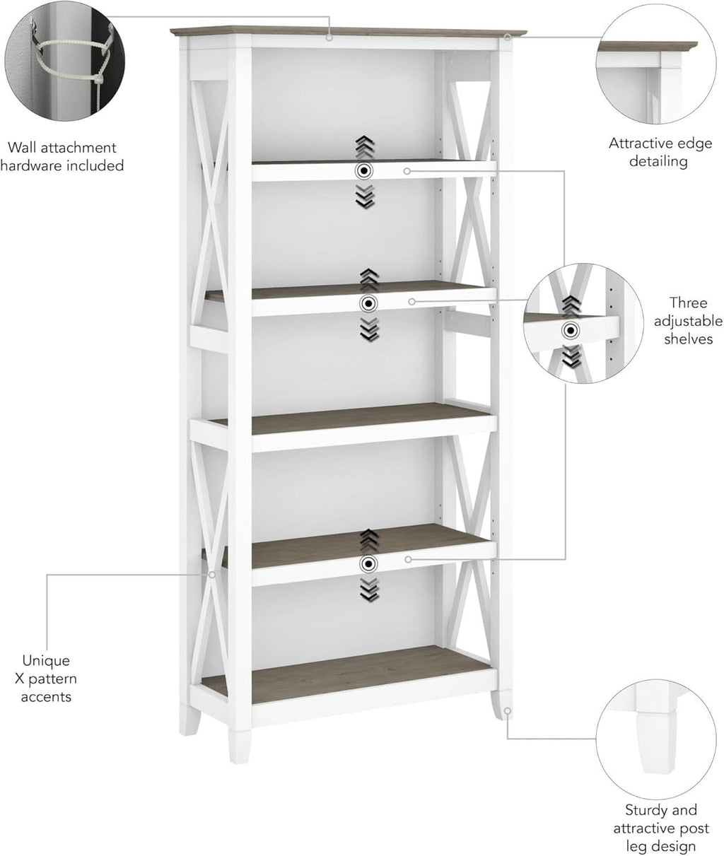 Bush Furniture Key West 66 Inch Bookcase Shiplap Gray White