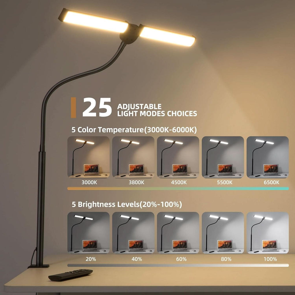 Led Desk Lamp Black Adjustable Gooseneck Dual Head Clip Lamp