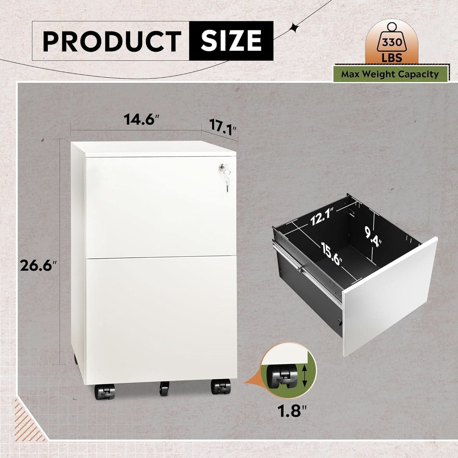 Locking 2 Drawer File Cabinet For Home Office Metal Under Desk Fully Assembled With Smooth Full Extension Slides