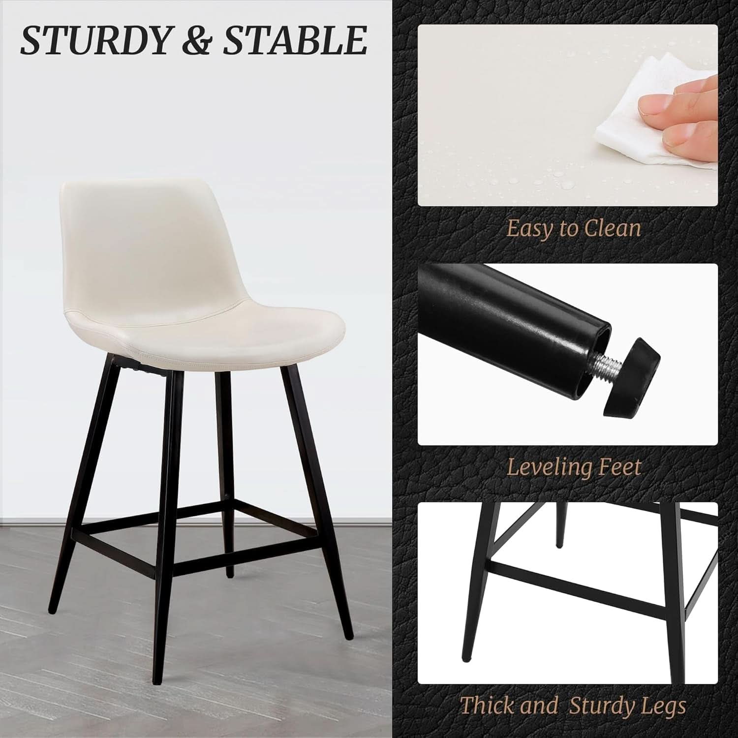 24 Inch Faux Leather Bar Stool Set of 3 With Back and Footrest, Antique White for Kitchen Island