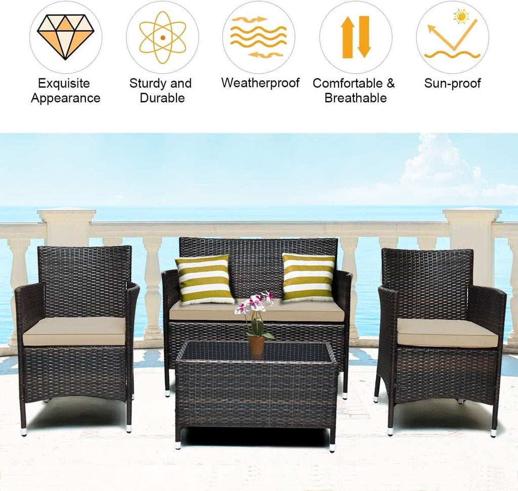 4-Piece Outdoor Rattan Conversation Set with Cushions