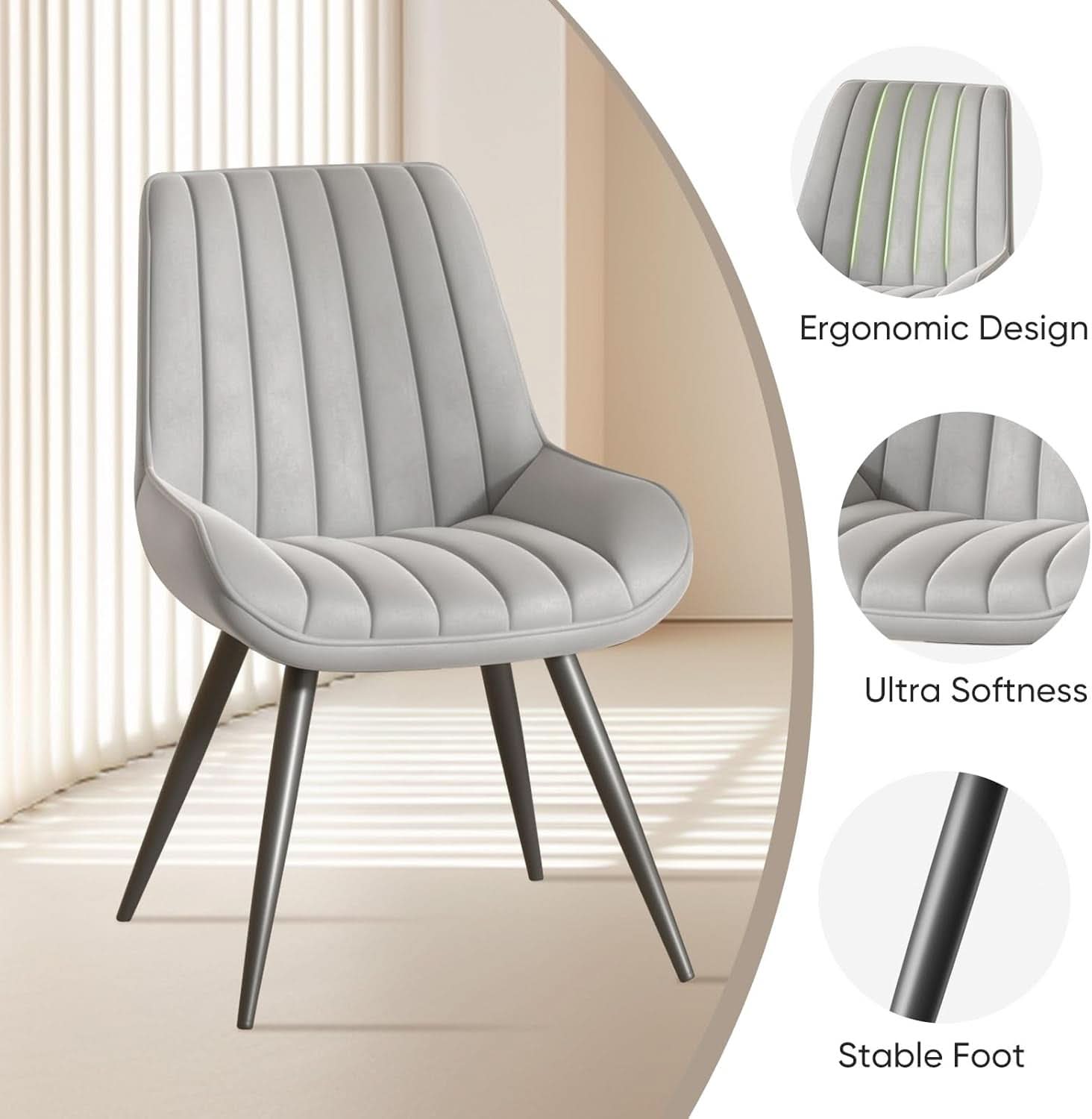 Grey Upholstered Dining Chairs Set Of 4 With Thick Cushions And Metal Legs