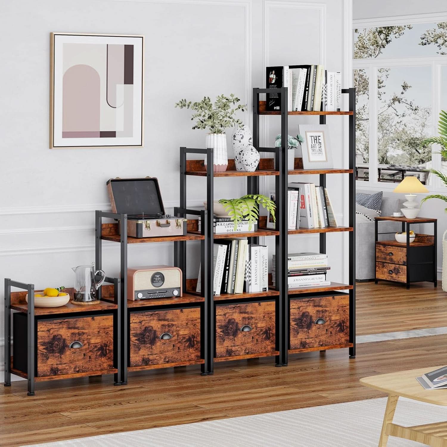 5 Tier Bookshelf With Drawer Tall Narrow Wood Bookcase