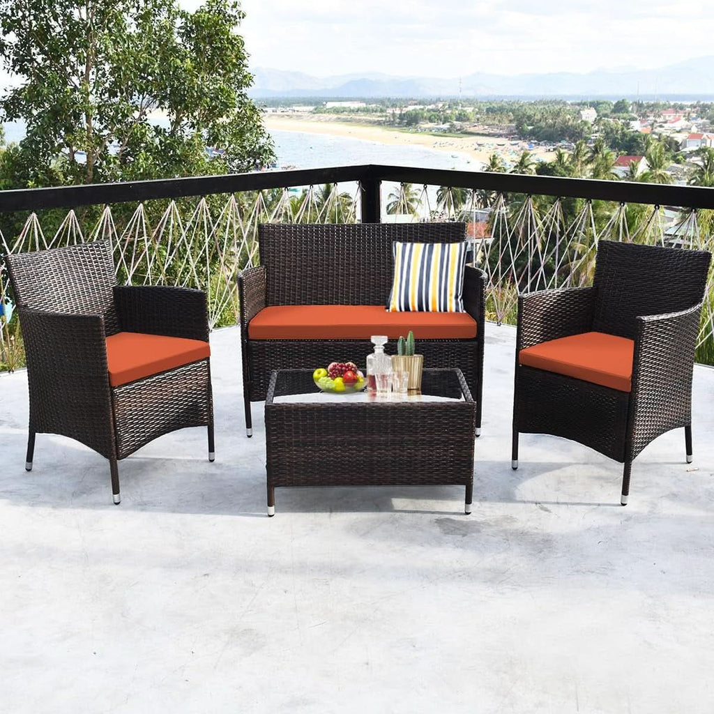 Rattan Patio Set With Cushioned Chairs And Glass Table