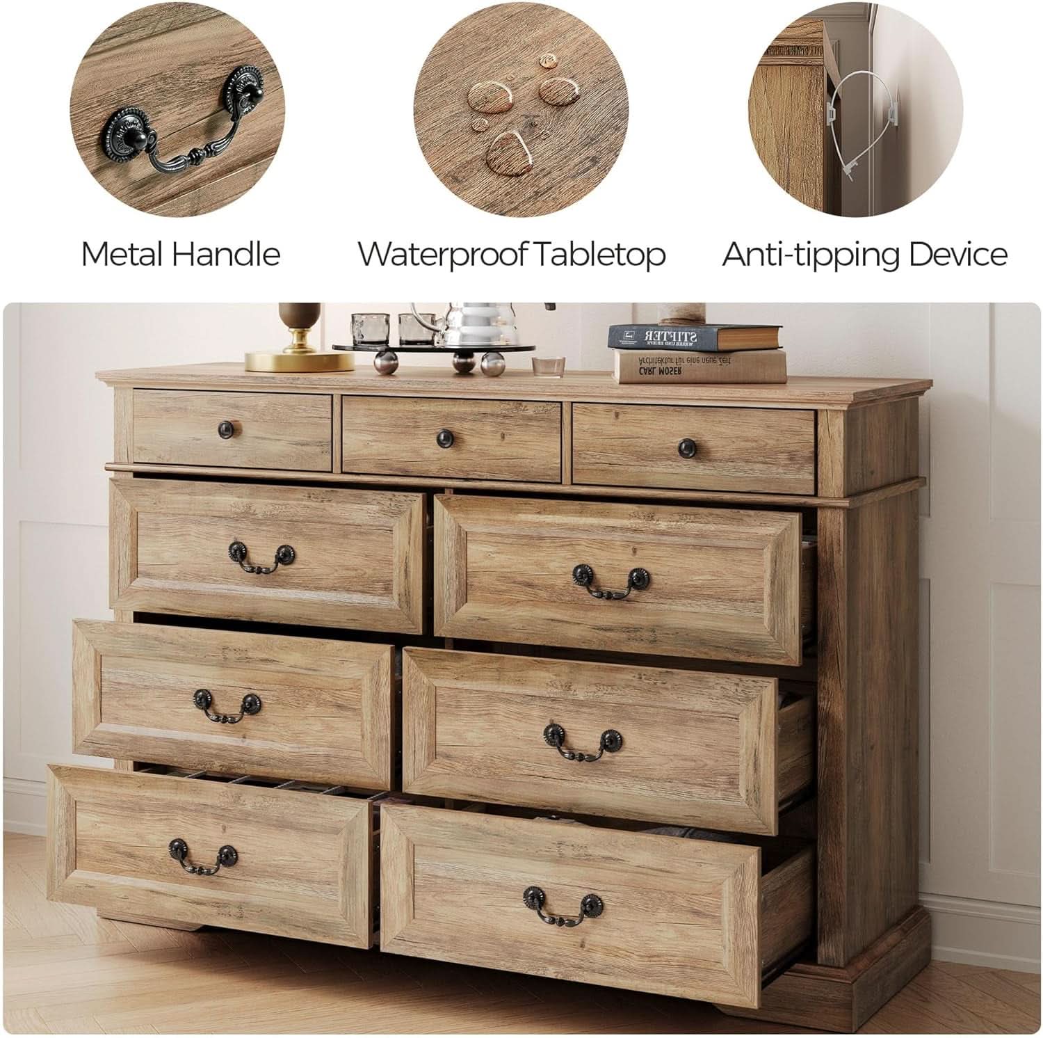 Nine Drawer Dresser Handcrafted Rustic Oakwood Finish