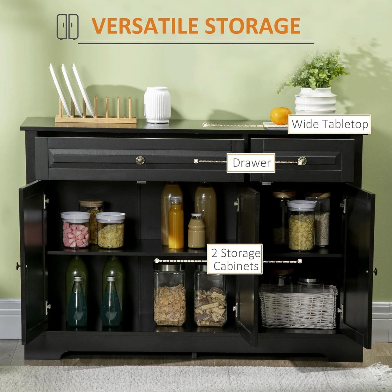 Black Buffet Cabinet With Drawers And Adjustable Shelves