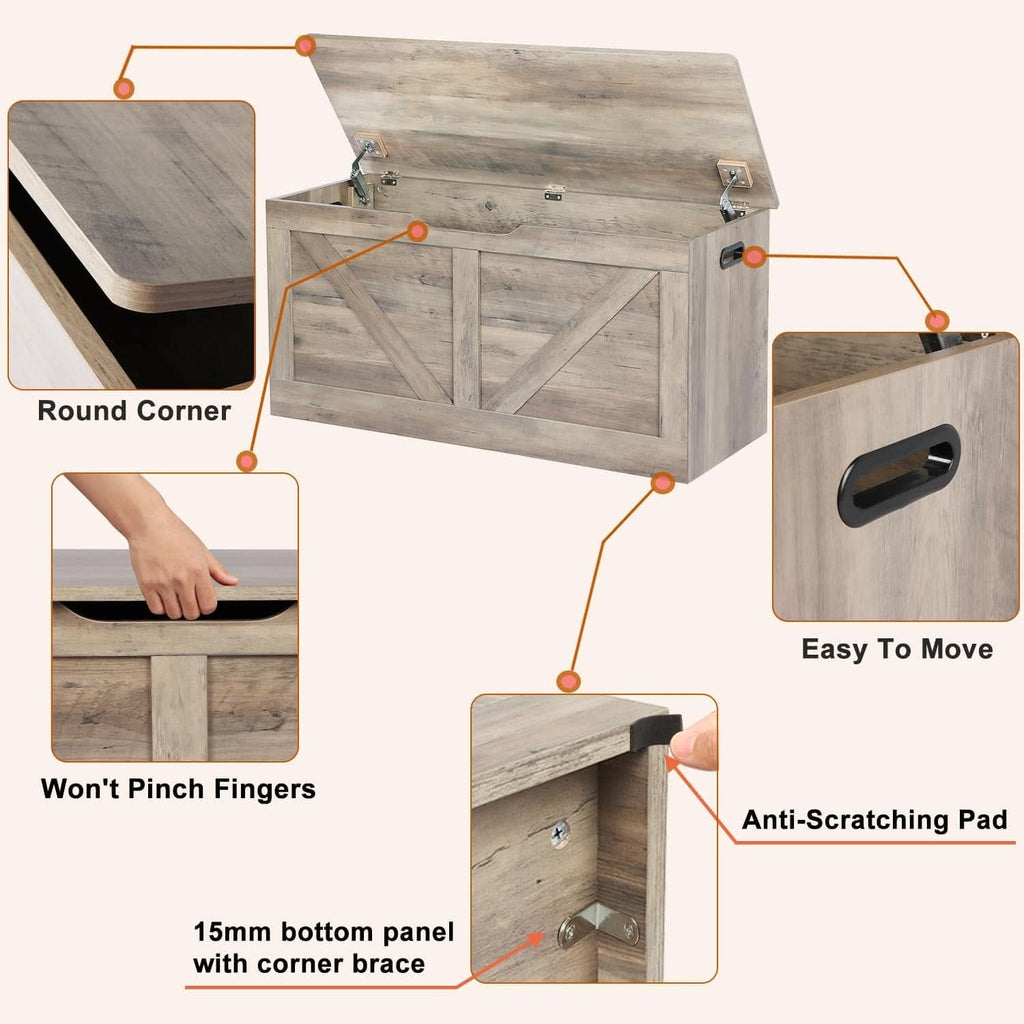 Grey Wooden Entryway Storage Bench Chest With Safety Hinges 39.4 Inch