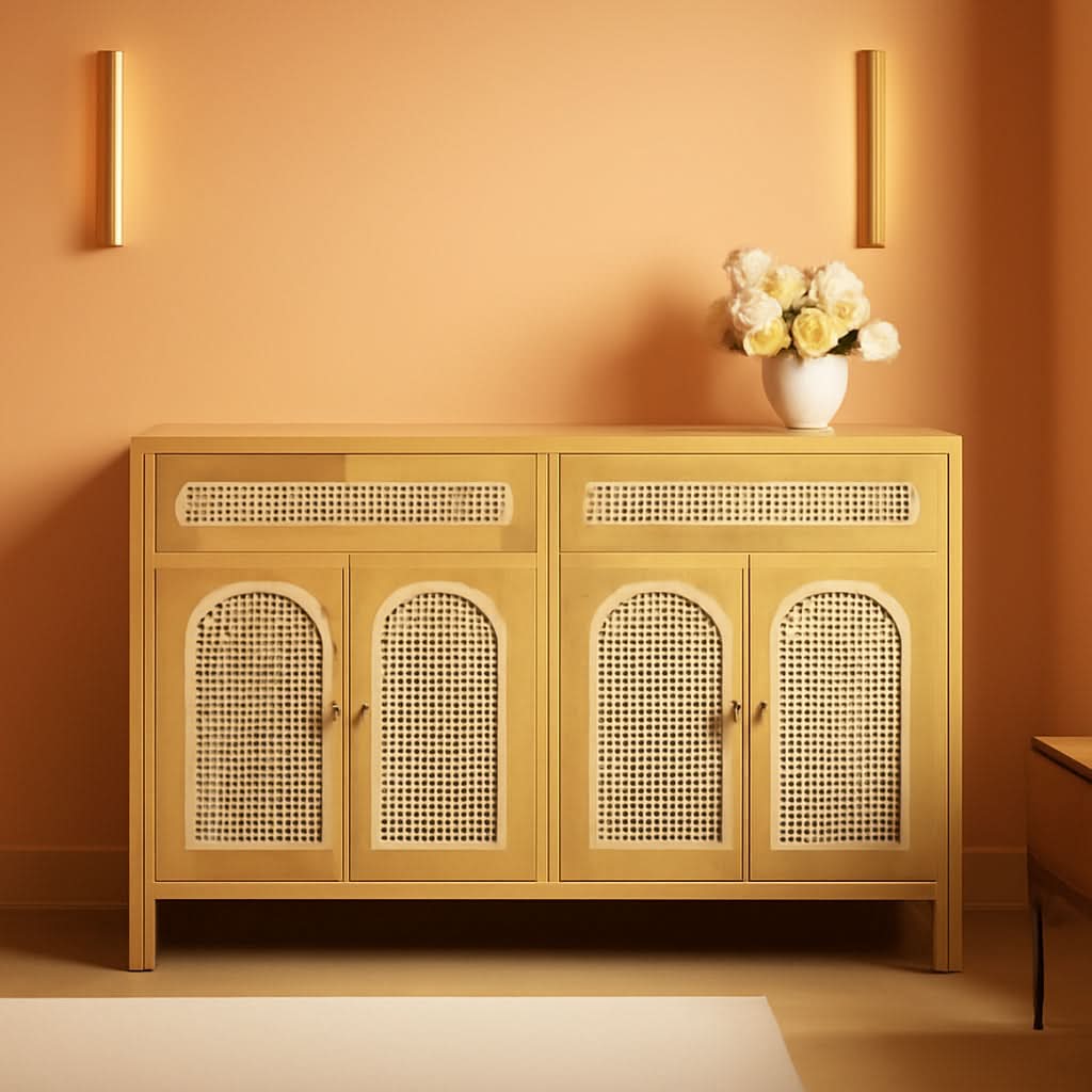 Two Piece Rattan Accent Sideboard Buffet Cabinet With Large Drawers 36 Inch High Natural Finish