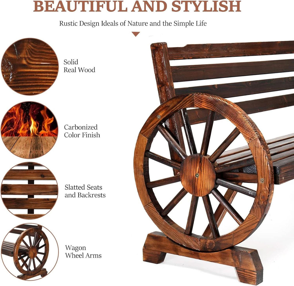 Rustic Wooden Garden Bench with Wagon Wheel Arms