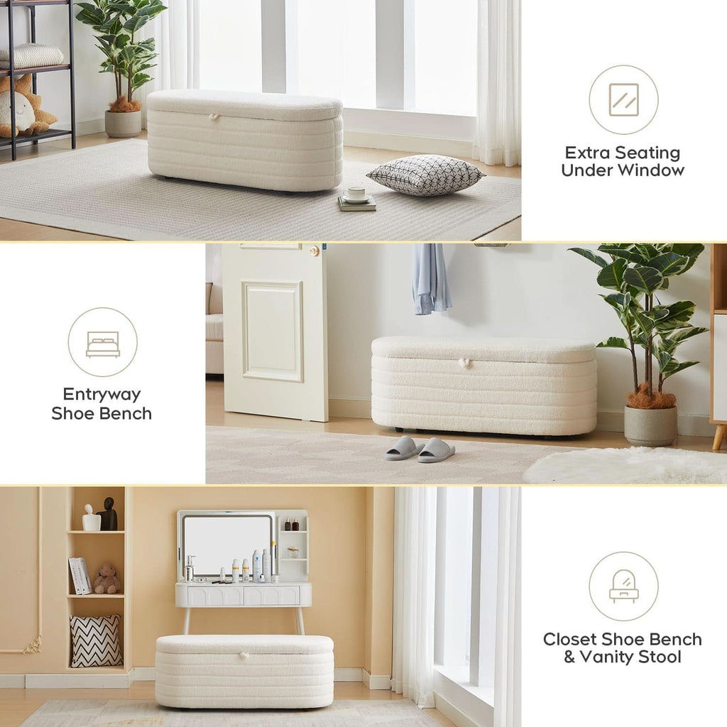 45 Inch Storage Ottoman Bench Boucle Upholstery Fabric