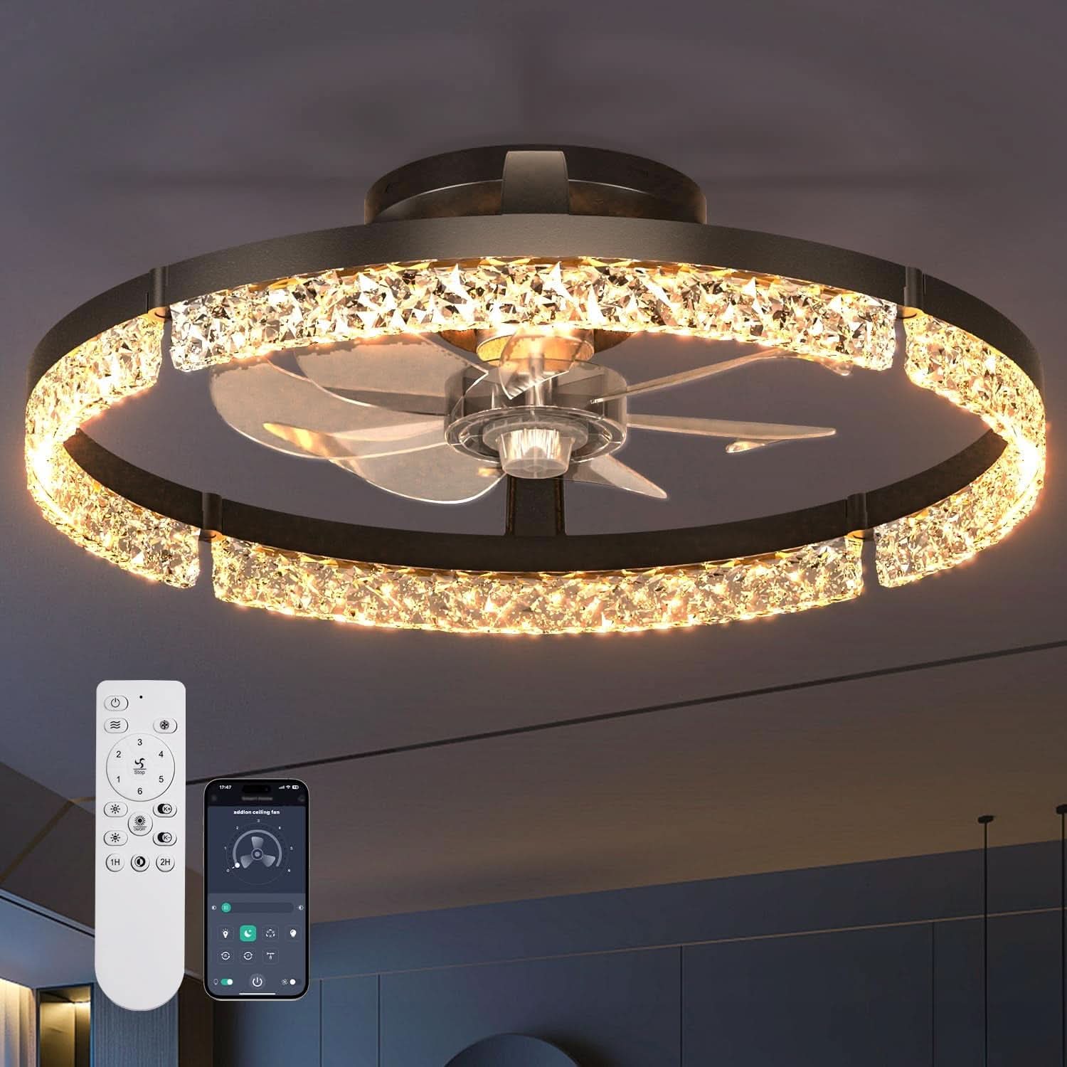 20 Inch Black Ceiling Fan With Remote Dimmable Light 3000K 6000K Low Profile Energy Efficient