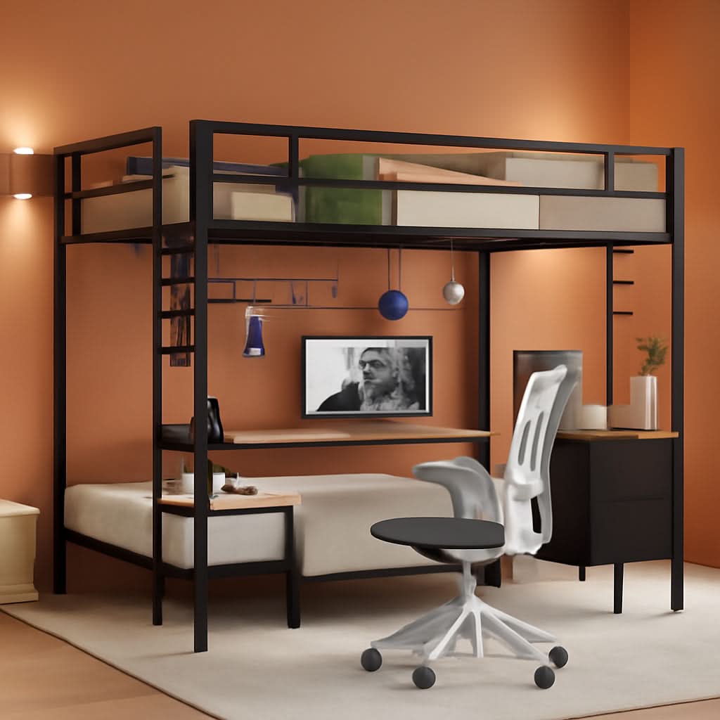 Black Full Over Twin Metal Bunk Bed With Desk LED Lights
