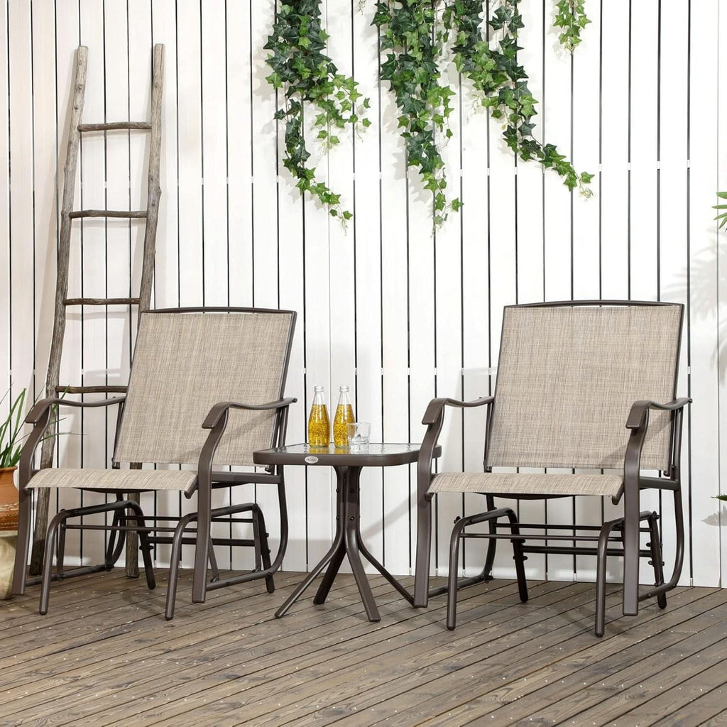 3 Piece Outdoor Glider Chair Bistro Set With Two Sling Chairs And Glass Tabletop Mixed Brown
