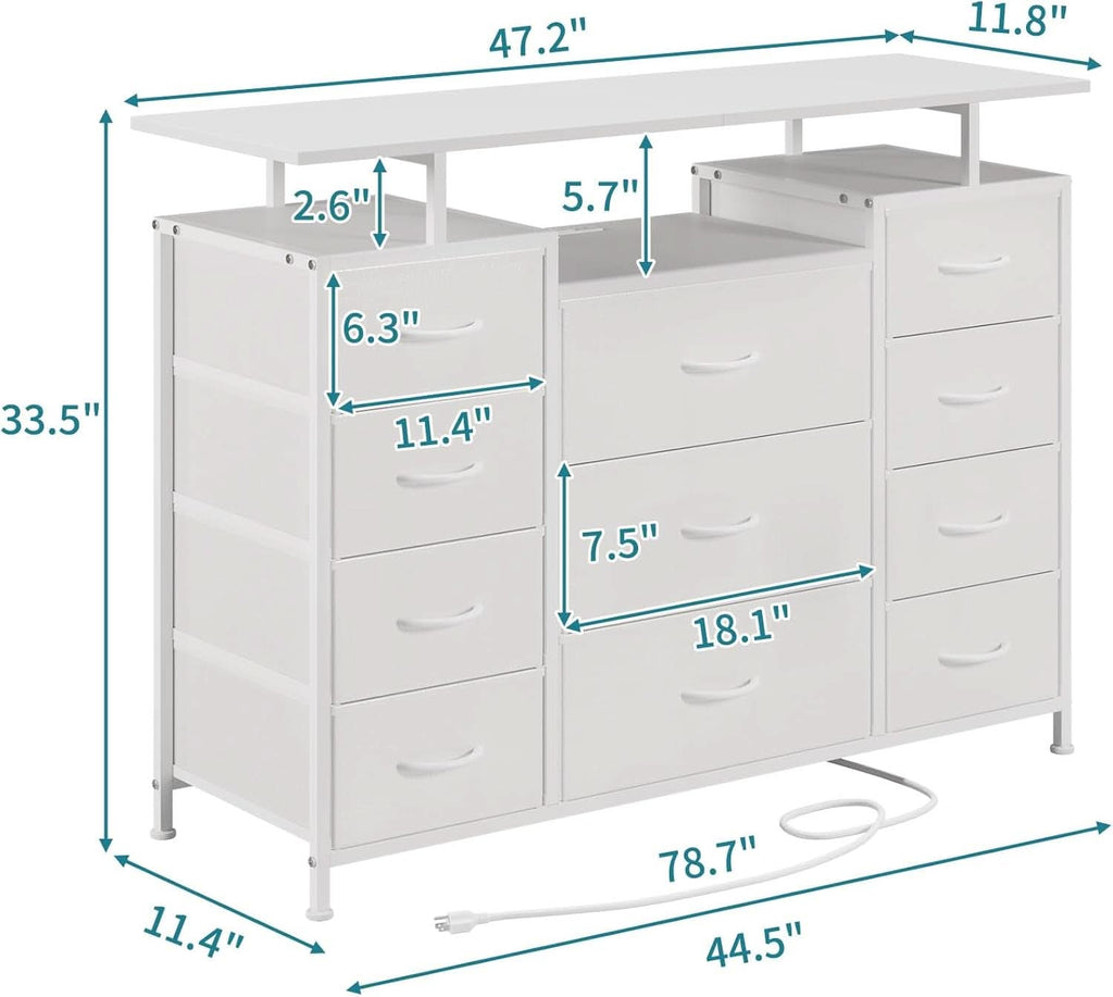 11 Drawer Dresser With Fabric Drawers And Charging Station For Bedroom Storage And Organization