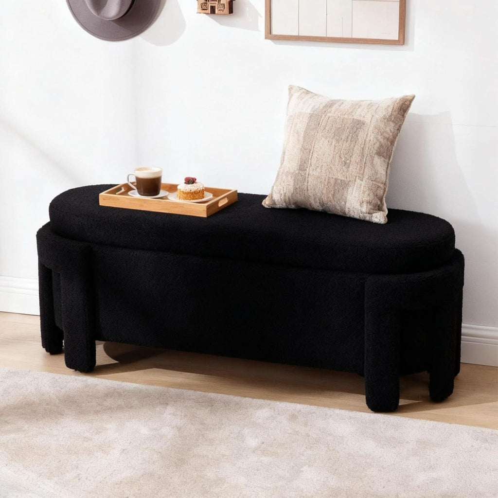 FiftyInch Sherpa Black Upholstered Storage Bench Ottoman