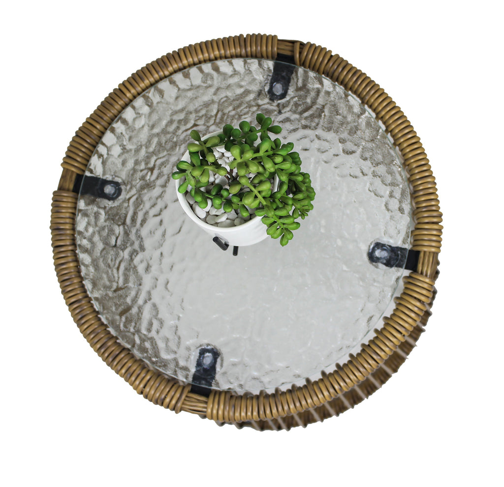 6PCS Outdoor Patio Balcony Natural Color Wicker Sofa Chair Set with Beige Cushion,Round Tempered Glass Table