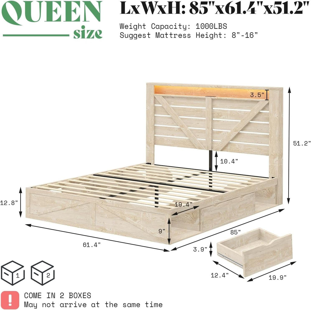 Queen Size Farmhouse Storage Bed With LED Lighting