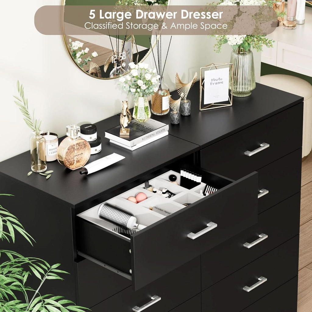 Tall Black Contemporary Dresser With Five Generous Drawers