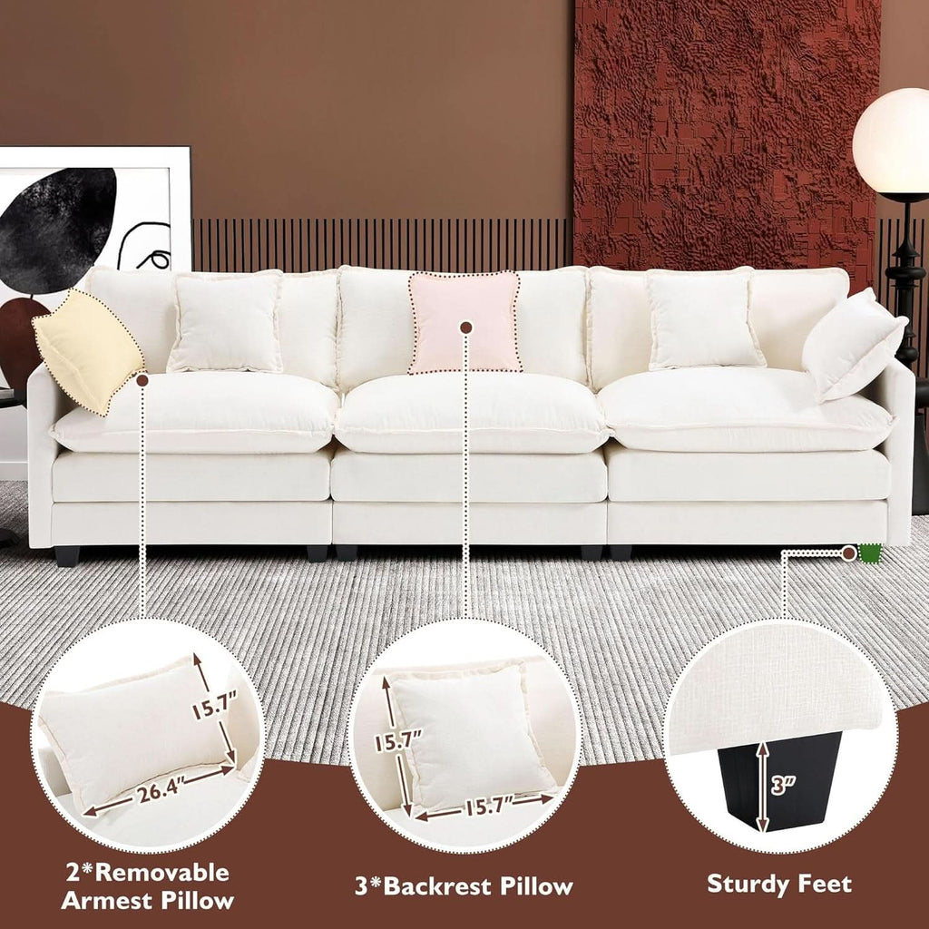 111.4 Inch 3 Seater Cloud Sofa Modular Sectional Couch Beige With Breathable Chenille Fabric