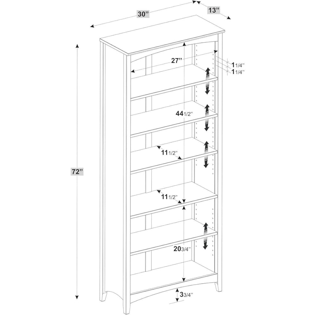 Shaker Style 6 Shelf Bookcase Solid Wood 72 Inch Tall