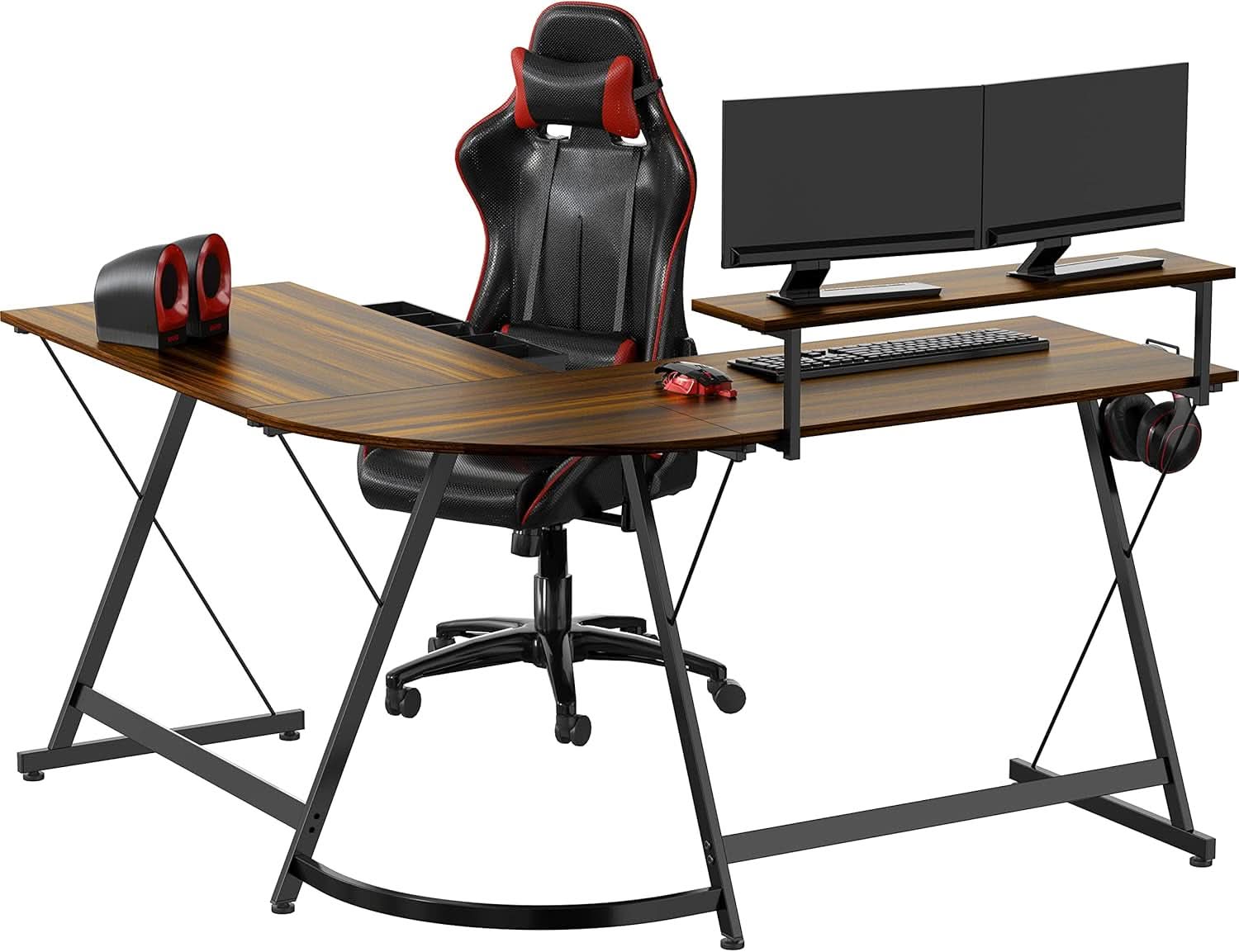 Vista L Shape Desk With Monitor Stand Walnut Finish