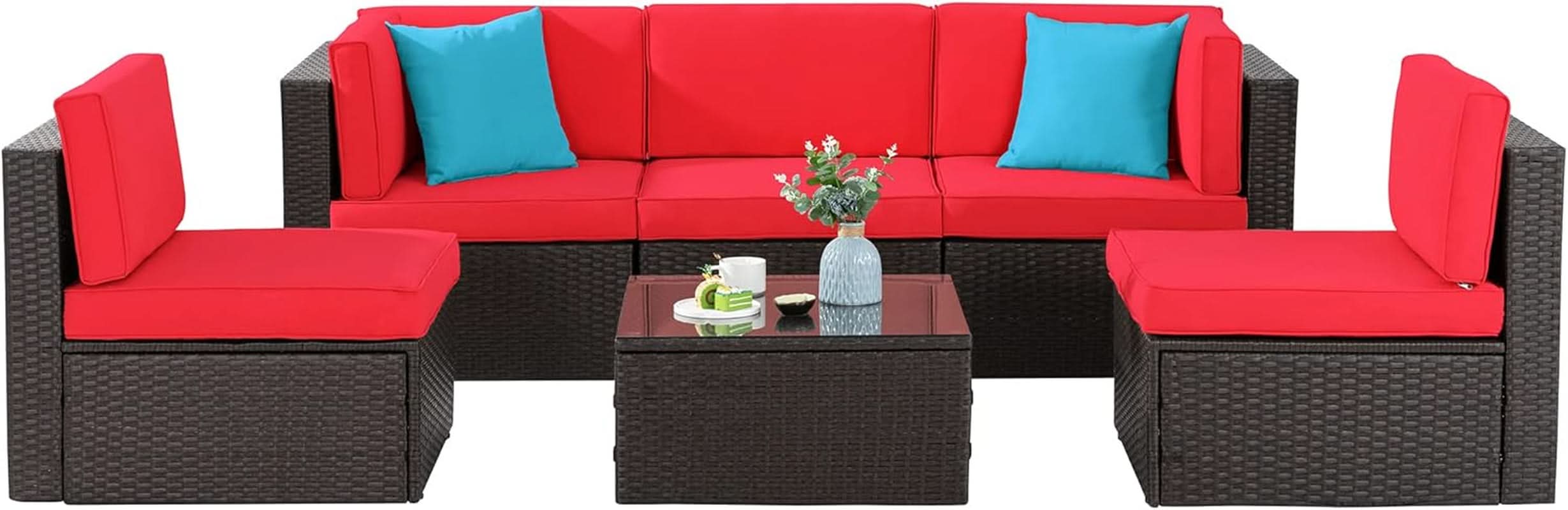6 Piece All Weather Red Cushions Outdoor Patio Wicker Sofa Set