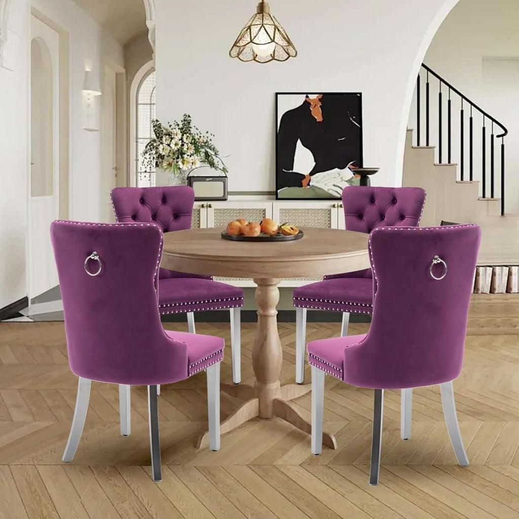 Velvet Dining Chairs Set Of 4 With Nailhead Trim And Silver Plated Legs