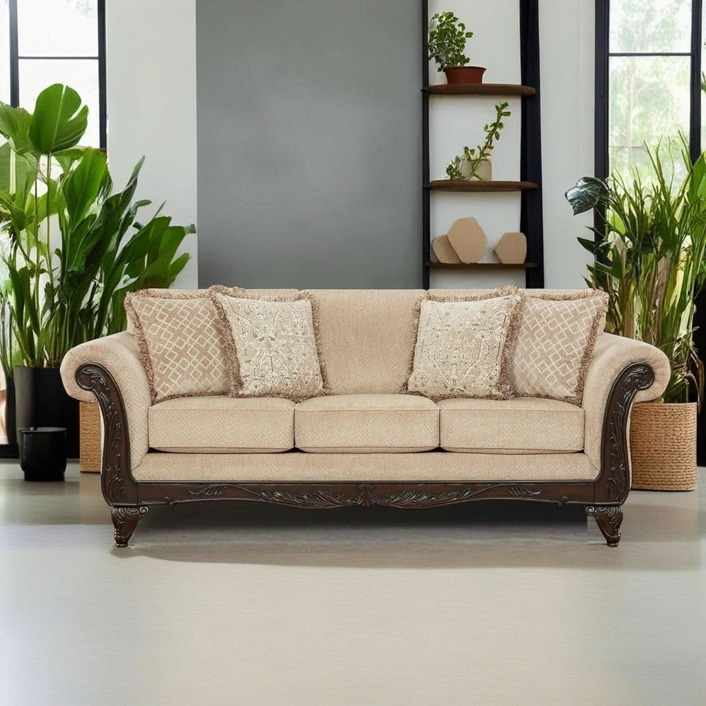 Hernen Carved Wood Frame 5Piece Living Room Set Beige Wheat