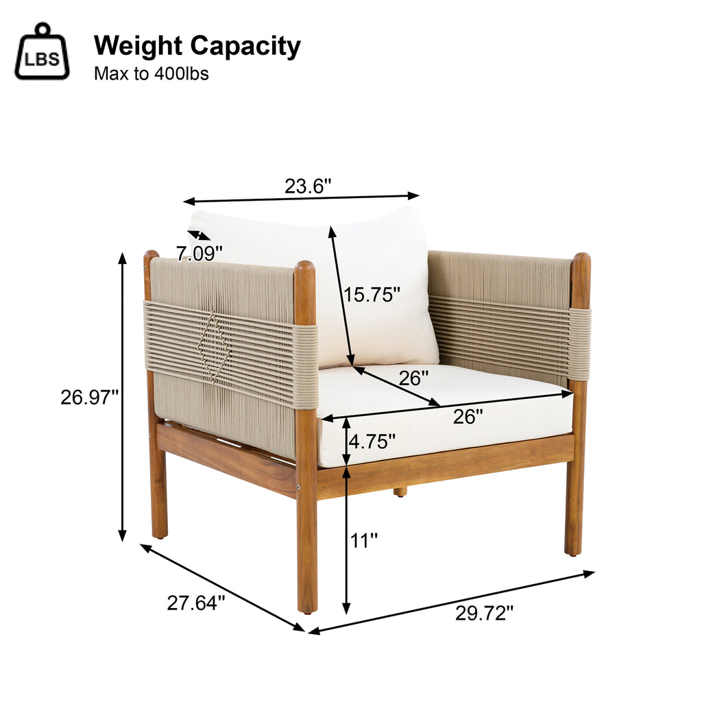 Outdoor Club Chairs (Set of 2) with Diamond-Pattern Beige Rope, Teak Finish