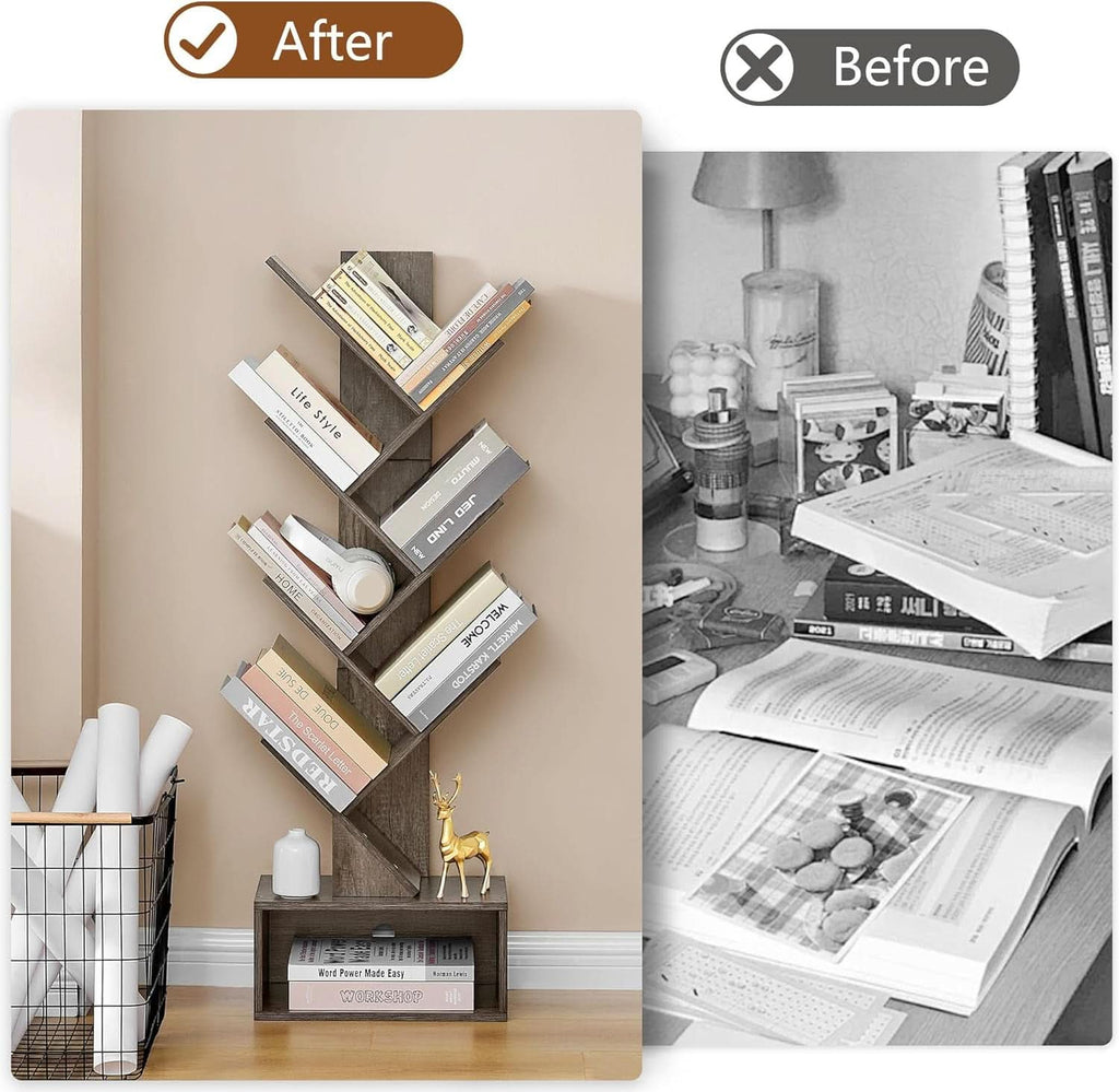6 Tier Tree Bookshelf Bookcase With Drawer Grey Office