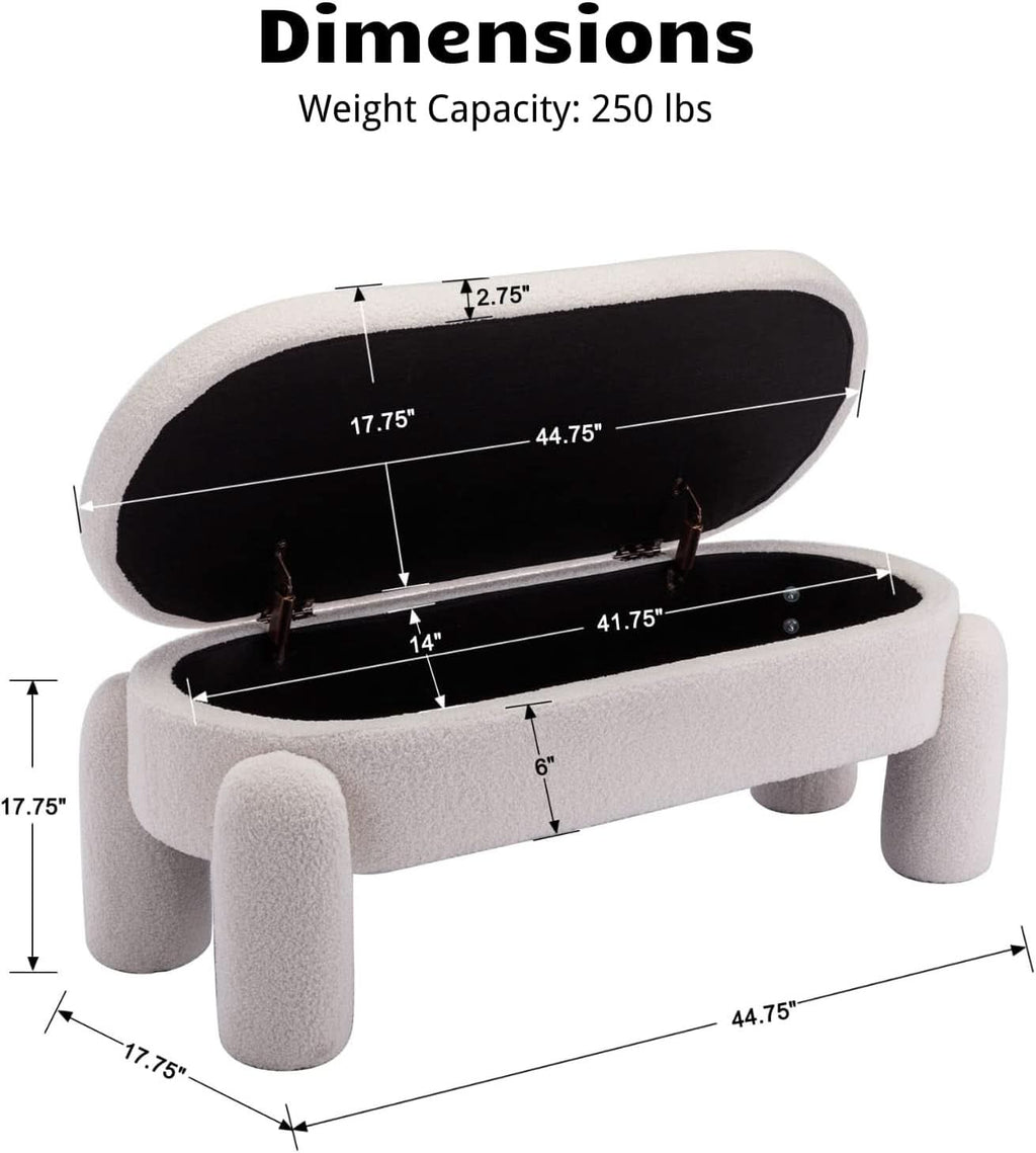44.7-Inch White Boucle Upholstered Storage Ottoman Bench