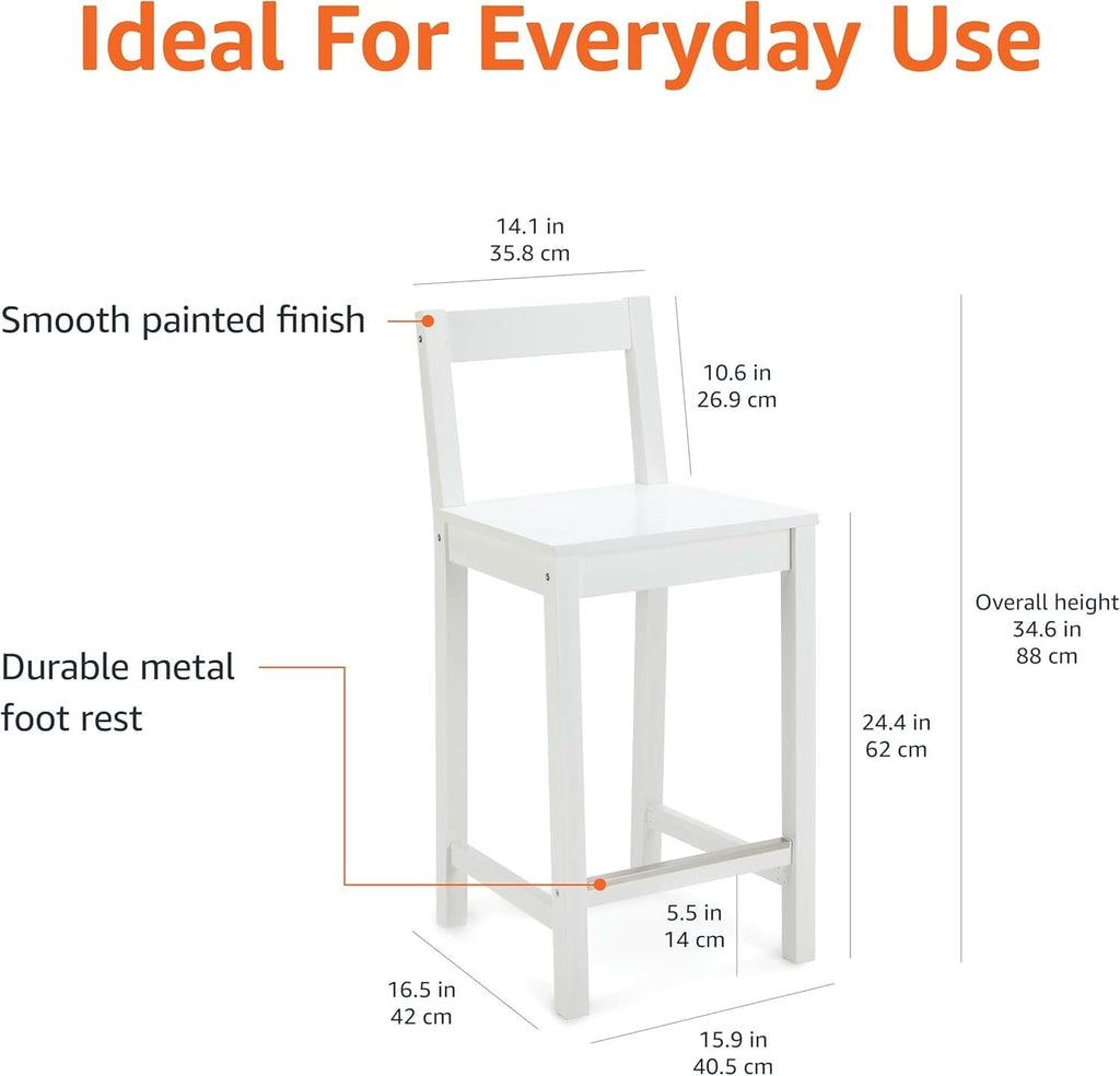 White Wooden Bar Stool With Backrest, Counter Height