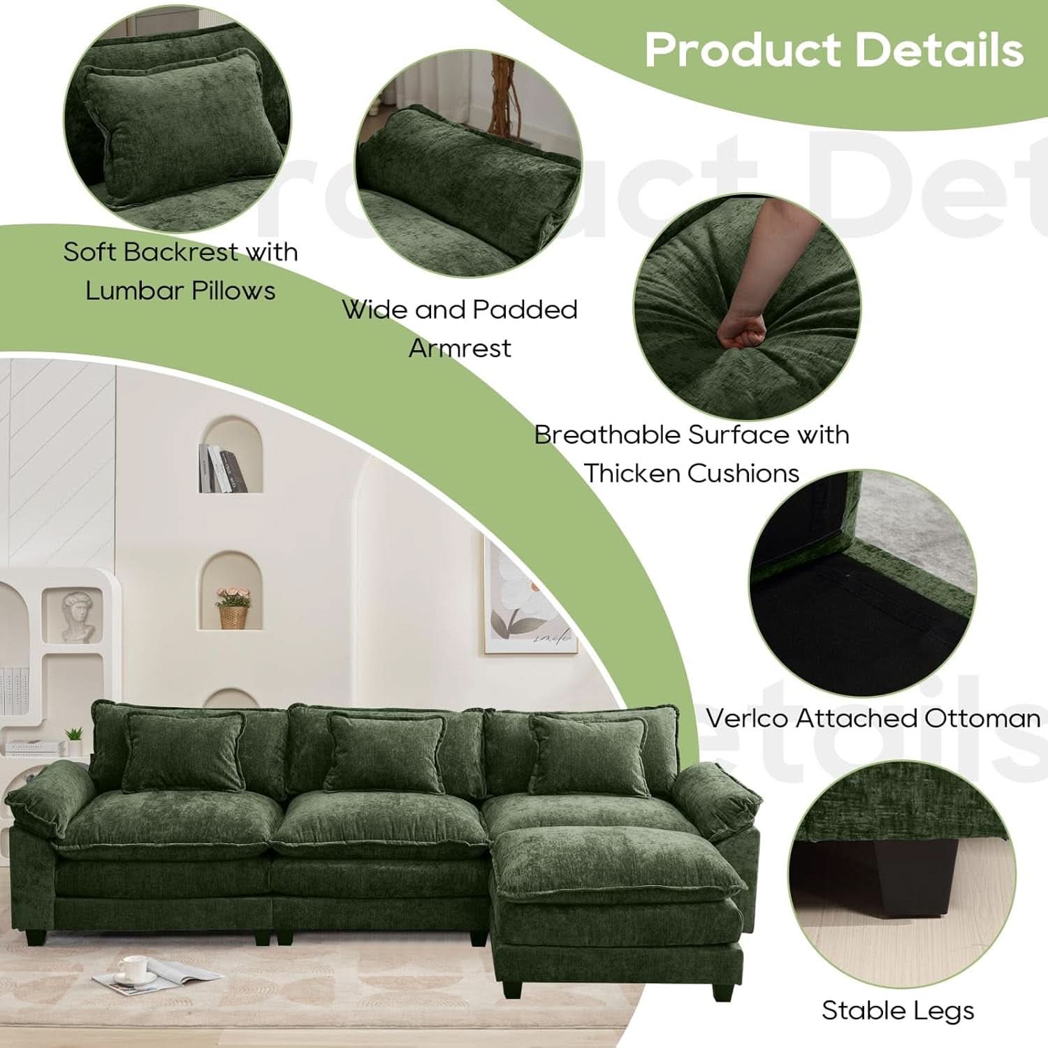 120Inch Green Modular Sectional Sofa Featuring Ottoman