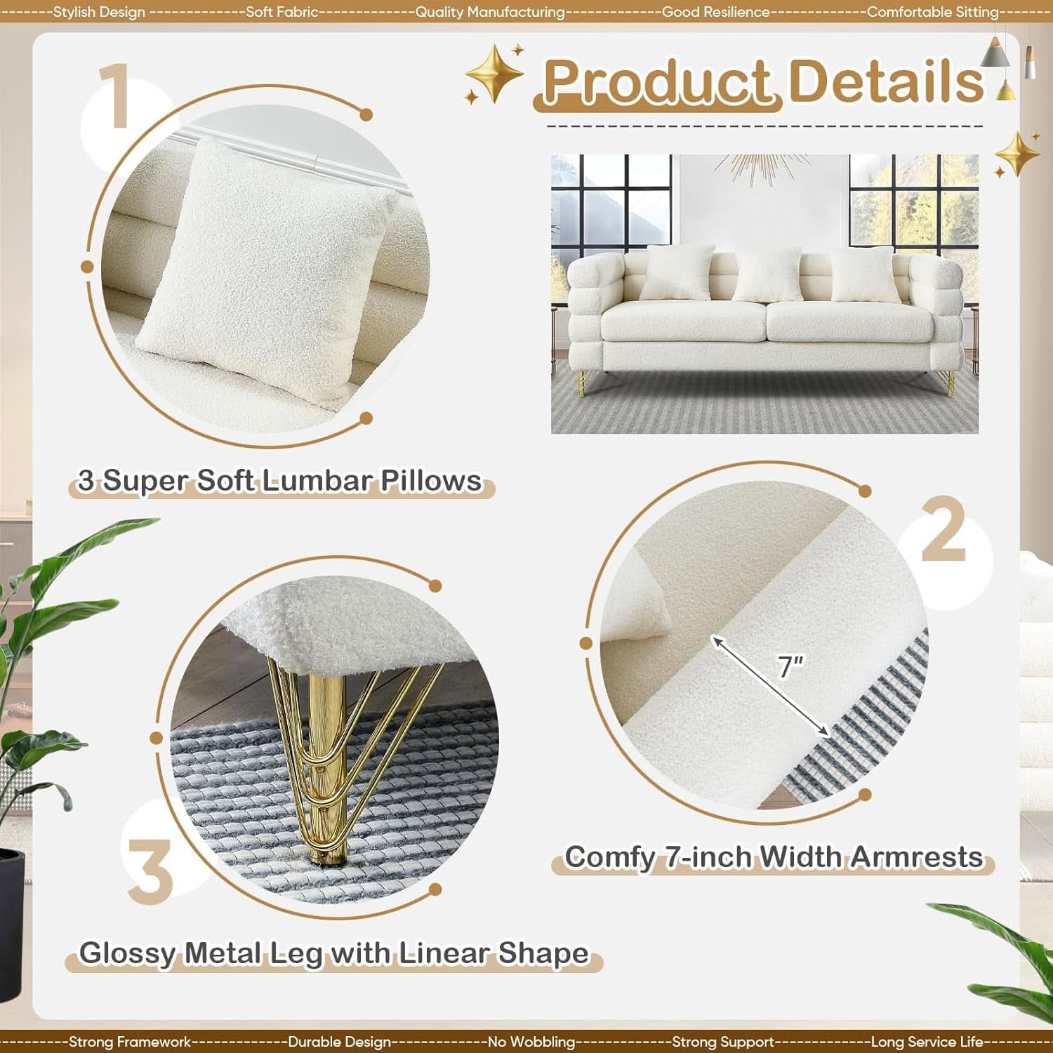 Two Piece Living Room Sofa Set White Teddy Boucle With Loveseat And Three Seater Deep Seat Cushioned Upholstered Sofa