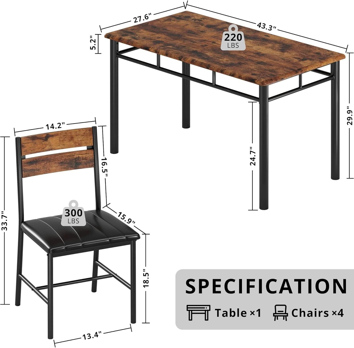 Dining Table Set For 4 Wood Kitchen Table With Upholstered Chairs Rustic Brown