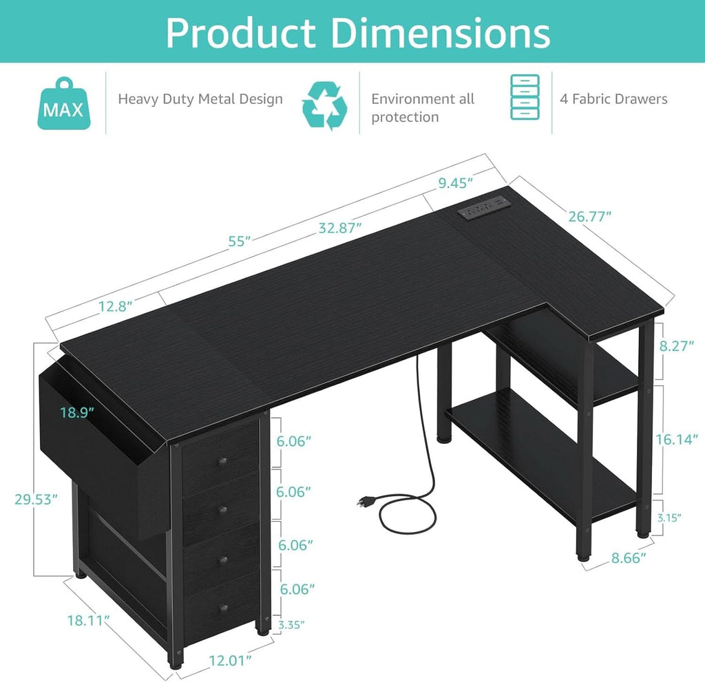 L Shaped Gaming Desk With Power Outlet And Storage Drawers 55 Inch