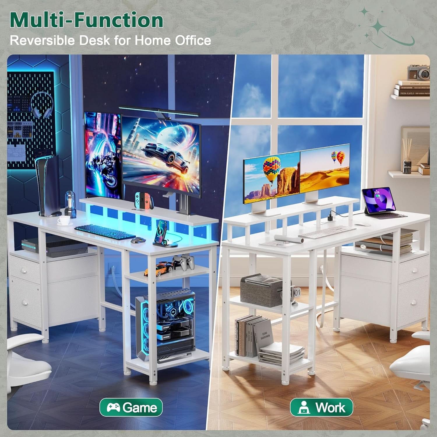 Sixty One Inch Computer Desk LED Illumination White Finish