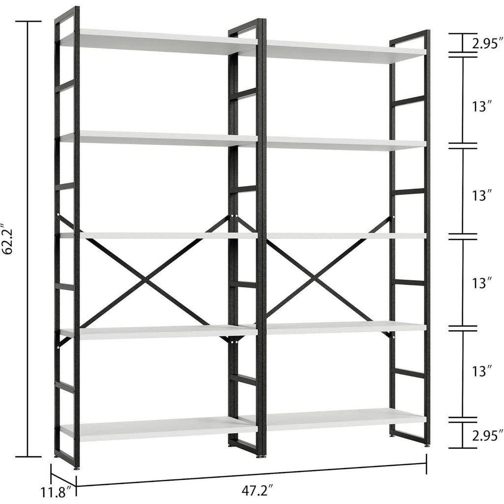 Two Piece Five Tier White Bookshelf Set Industrial Modern Bookcase For Living Room Office